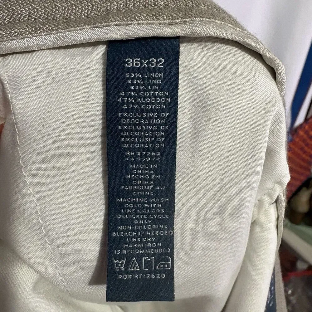 Perry Ellis Pants Mens 36 X 32 Slim Fit Linen Blend Chino Slacks Beige Khaki